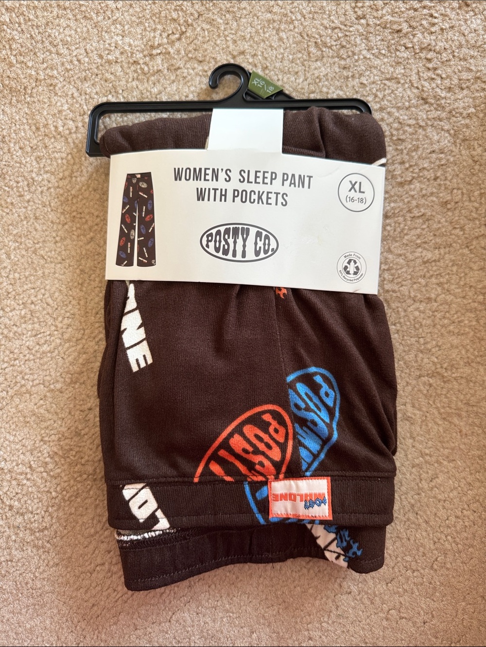 Posty Co. Women's Sleep Pants with Pockets - Brown with Red & Blue Logos